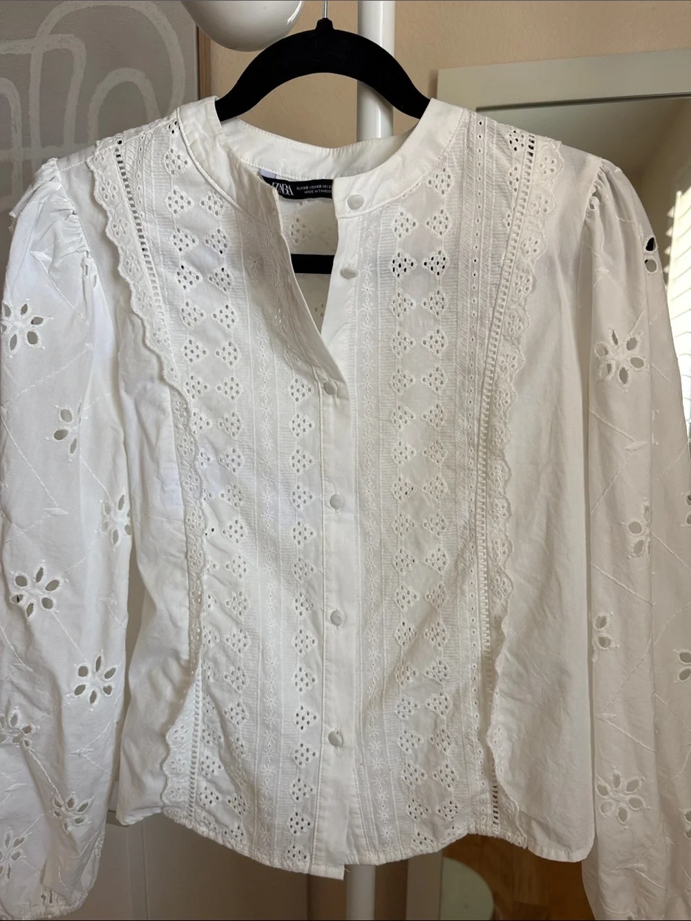 Zara White Eyelet Lace Panel Button-Up Blouse
